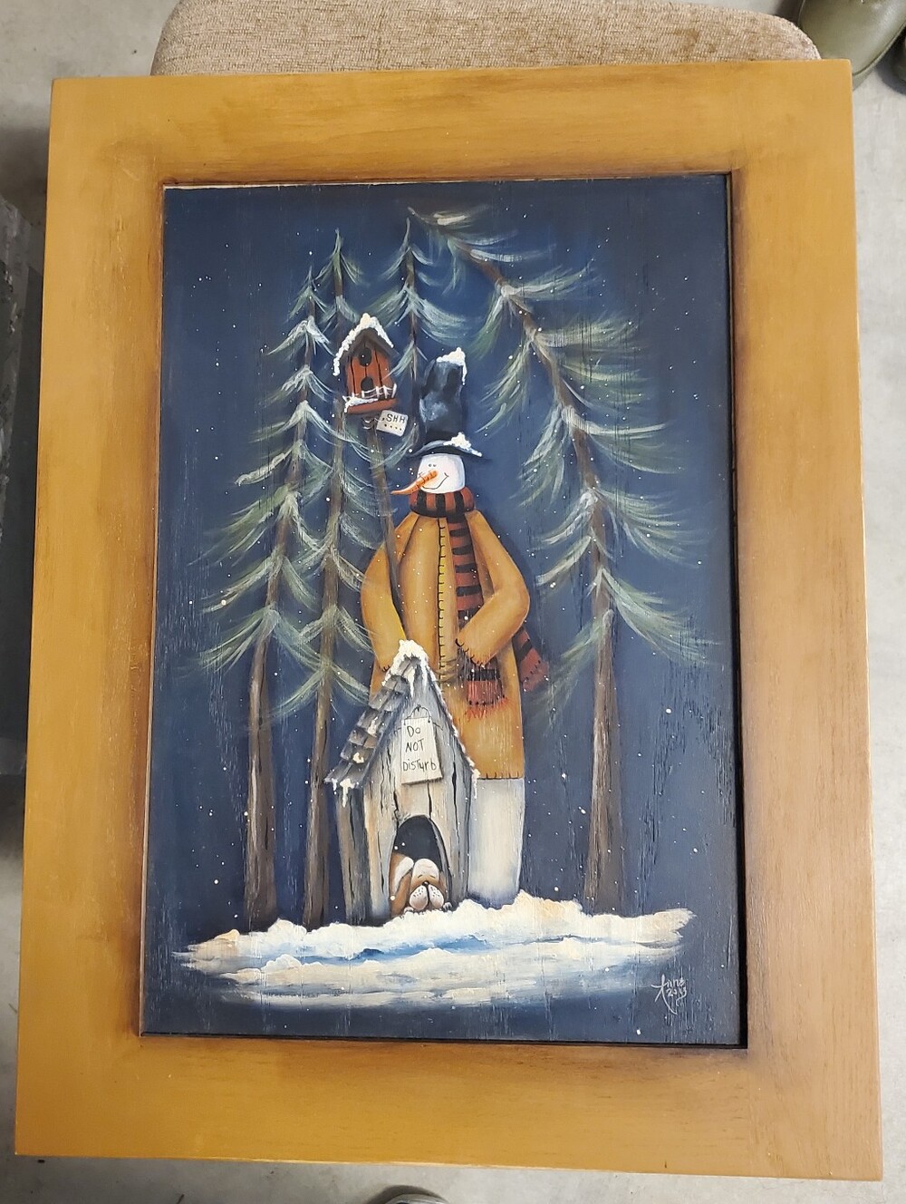 Primitive Style Handpainted Folk Art. Snowman & Dog on Wood. USA PNW